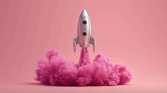 Silver rocket launching with pink smoke on pastel background, concept of innovation, startup growth and futuristic technology