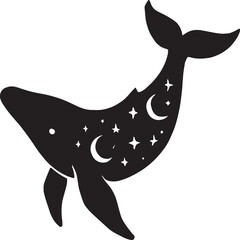 Stylized black and white silhouette of a whale infused with celestial elements like crescent moons and stars. This imaginative artwork blends marine life with cosmic symbolism, representing mystery, d