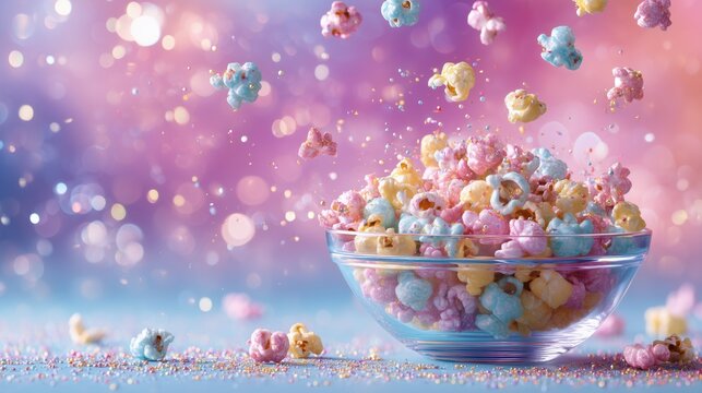 Colorful popcorn with sprinkles flying above glass bowl, concept of fun, celebration and sweet snack in festive background