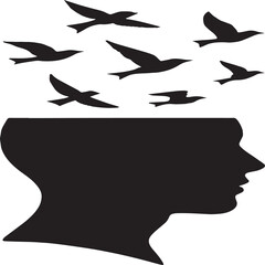 Black and white silhouette artwork showing a human head in profile with birds flying out from the top. This conceptual illustration symbolizes freedom of thought, imagination, and the release of ideas
