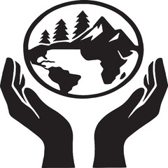 Black and white silhouette artwork showing two stylized hands gently cupping a circular Earth filled with simplified continents, mountains, and trees. This conceptual illustration symbolizes environme