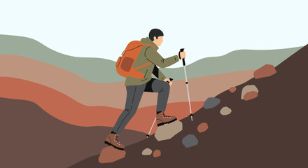 Adventurous Hiker Ascending Rocky Terrain, Depicting Exploration and Determination