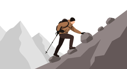 Adventurous Hiker Ascending Rocky Terrain towards Mountains Peaks with Equipment for Expedition