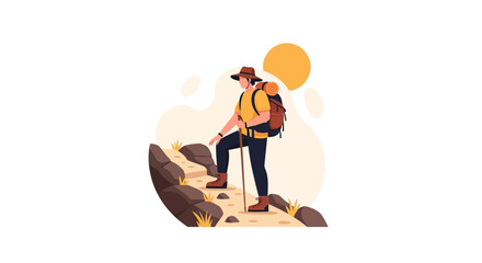 Adventurous Hiker Ascending Rocky Terrain Under Bright Sun For Outdoor Exploration Activities