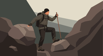 Adventurous Hiker Ascending Rocky Terrain, Displaying Determination and Perseverance