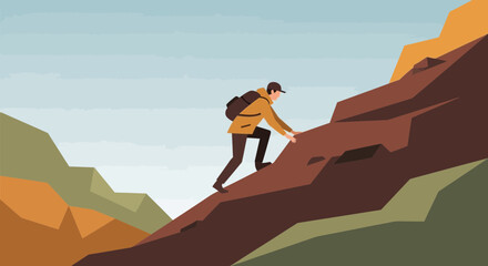 Adventurous Hiker Ascending Steep Mountain Cliff, Achieving The Summit, Challenging Heights