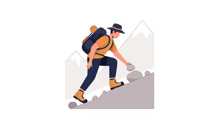 Adventurous Hiker Ascends Rocky Terrain Towards Snowy Mountain Peaks At Sunset