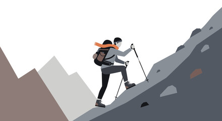 Adventurous Hiker Ascends Rocky Mountain Terrain, Achieving Peak Altitude Destination