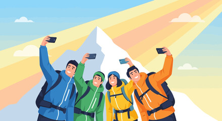 Fototapeta premium Adventurous Group Capturing Moments During Their Mountain Hiking Expedition Joyfully in Nature