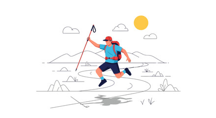 Adventurous Hiker Gallops Along Mountain Trail Under The Warm Sun With Determination And Joy