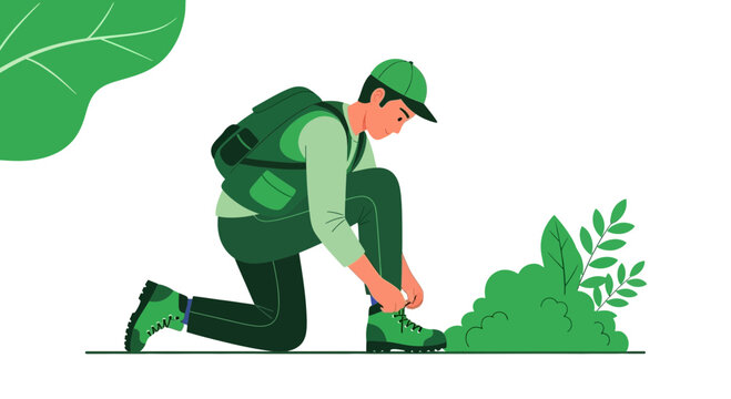 Adventurous Hiker Kneeling To Prepare For The Trek On A Sunny Day Outdoors