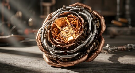 Steampunk Rose Sculpture with Gears and Metal