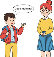 Cartoon student greeting teacher, morning conversation, school interaction, polite behavior, educational illustration, classroom communication, friendly gesture, vector character design