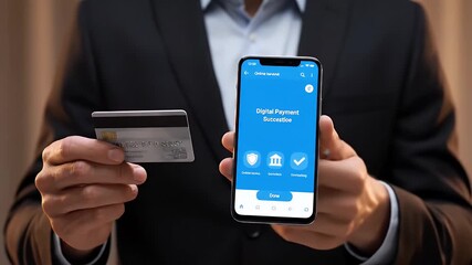 Close Up of Hands Holding Smartphone with Blue Screen and Credit Card against Soft Focus Curtain Backdrop in Warm Lighting with Man in Black Suit - Powered by Adobe