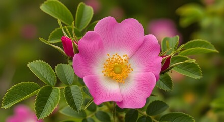 Pink Flower with Green Leaves