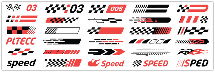 Racing cars and race car stripes set. Checkered flag, motocross labels, dynamic lines, motorsport, racing stripe speed