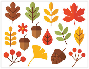 Autumn Leaves and Harvest Fruits Vector Set with Seasonal Elements for Fall Design, Thanksgiving Decorations