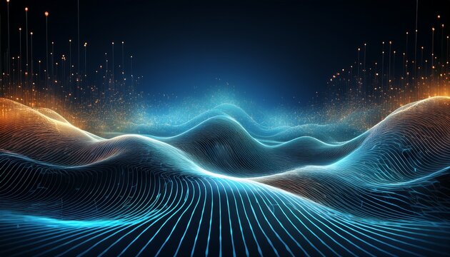 artificial intelligence is forming a glowing plexus mesh creating a futuristic landscape with undulating waves and sparkling particles on a dark background
