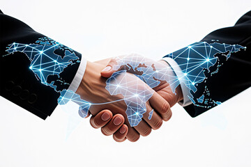 Business professionals shaking hands with a digital network overlay symbolizing global connection and technology