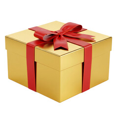 Obraz premium Golden gift box with red ribbon bow isolated on white or transparent background