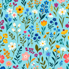 Colorful floral pattern with various flowers on blue background  