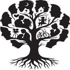 Black and white silhouette artwork of a stylized tree with branches and roots, creatively filled with human profiles, scenes, and symbols. Elements include faces, a couple embracing, a swing, a bicycl