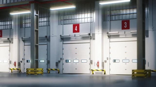 A row of closed gates for loading goods in empty warehouse interior 3d animation