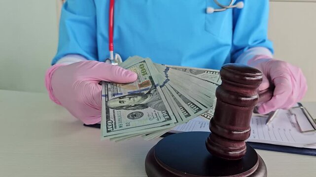 Doctor holding cash and a gavel in a courtroom setting while discussing medical malpractice claims