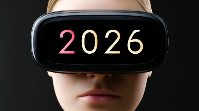 Futuristic woman wearing virtual reality headset displaying the year 2026, with a sleek design and modern aesthetic, representing the advancement of technology and immersive experiences in digital env