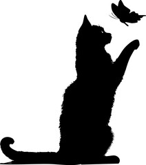 Cat silhouette playing with butterfly isolated on white background, Cute cat silhouette touching butterfly minimal vector, Playful cat and butterfly black silhouette design, Elegant cat playing 