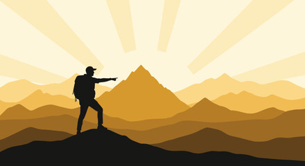 Adventurous Hiker Reaching The Summit, Guiding Towards A Golden Sunrise Background