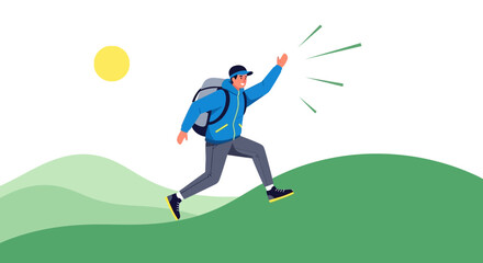 Fototapeta premium Adventurous Hiker Reaching The Summit, Celebrating Victory Over Green Hills And Sun