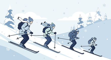 Adventurous Skiers Descending Snowy Slopes with Serene Winter Landscape Background