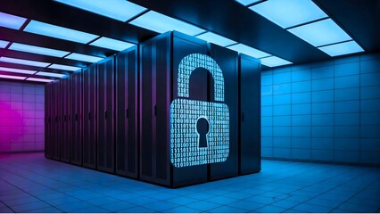 Encrypted Server Room and Cyber Defense Technology server room, encryption, cybersecurity, data protection, binary code, digital lock, cyber defense