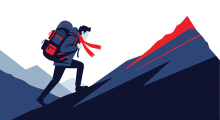Adventurous Traveler Ascending a Rocky Mountain, Vector Illustration of Hiking or Climbing.