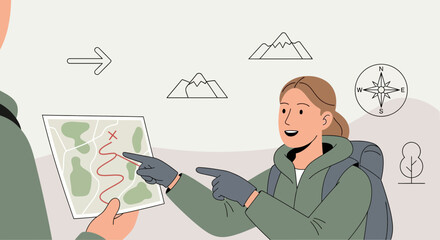 Adventurous Traveler Demonstrating Route On Map To Plan Exciting Journey During Hike