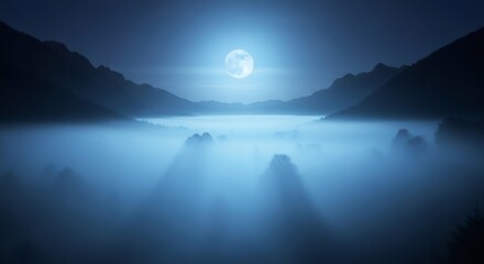 Full moon over misty mountain landscape at night creating a mysterious and atmospheric scene. Background for fantasy and spooky designs.