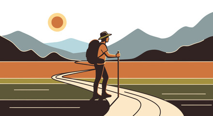 Adventurous Traveler Embarks On a Journey Along a Winding Road Towards Mountains