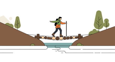 Adventurous Traveler Crossing Bridge Navigating a Serene Waterway in a Nature Setting