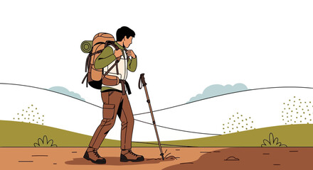 Adventurous Traveler Embarking On Expedition Through Scenic Landscape Of Mountainous Terrain