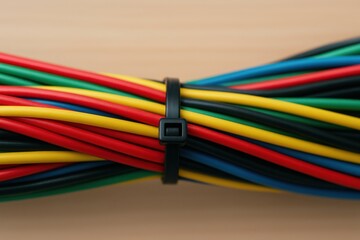 Colorful Wires Tied Together with a Black Cable Tie on a Light Wooden Surface