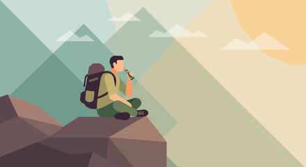 Adventurous Traveler Enjoys A Mountain View And Takes A Break To Hydrate