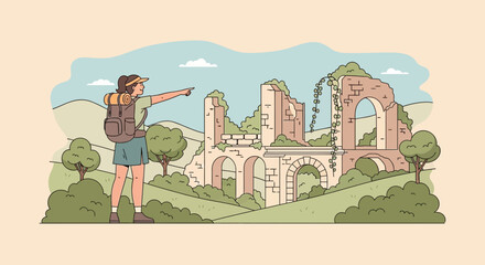 Adventurous Traveler Exploring Ancient Ruins During A Scenic Hiking Expedition