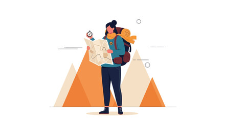 Adventurous Traveler Exploring Mountain Terrain With Map, Compass And Hiking Gear