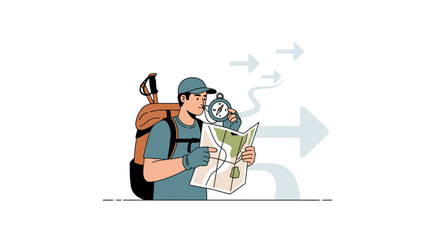 Adventurous Traveler Exploring Directions and Navigating with Map and Compass to Journey