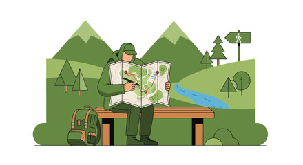 Adventurous Traveler Gazing At A Detailed Map In The Natural Environment