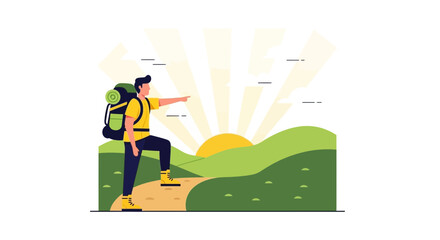 Adventurous Traveler Gazes At The Golden Sunrise Over A Lush, Serene Mountain Trail