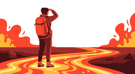 Adventurous Traveler Gazing At A Fiery Landscape And Contemplating His Journey Onward