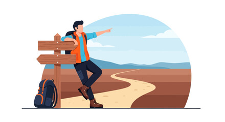 Adventurous Traveler Gazing At Directional Signpost In A Natural Landscape