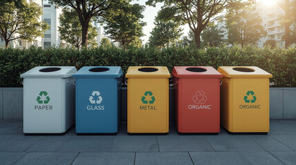 Colorful Set of Recycling Bins Outdoors. Bright and colorful recycling bins standing in a line for different waste types. Concept of environmental awareness and waste sorting.